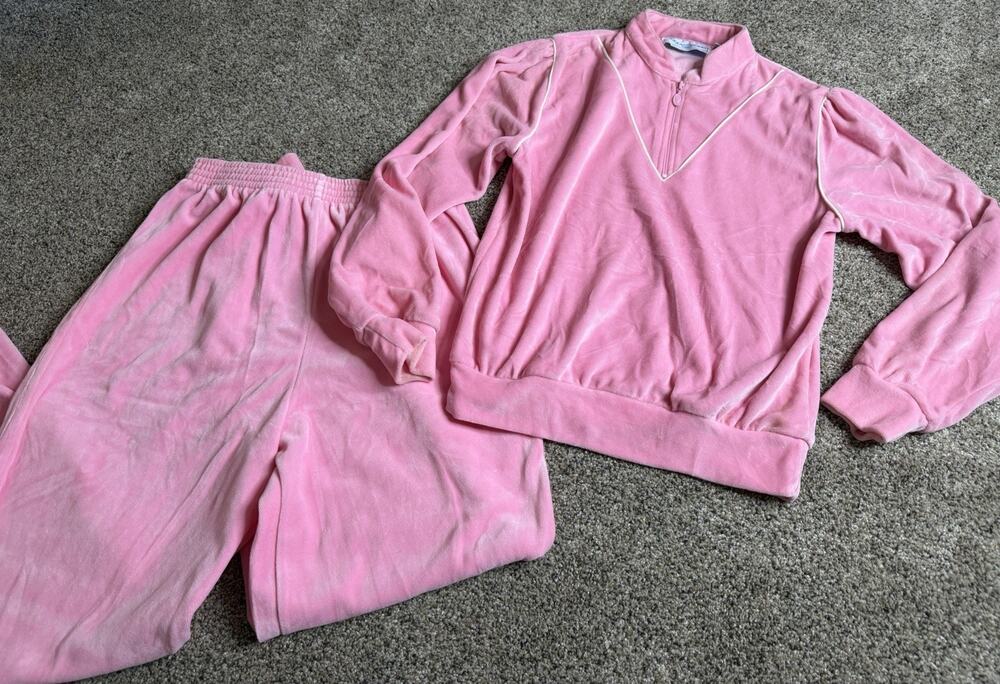 Vtg Goola Gong Neon Pink Velour Set Jacket Pants Women's Medium 80s 90s Track